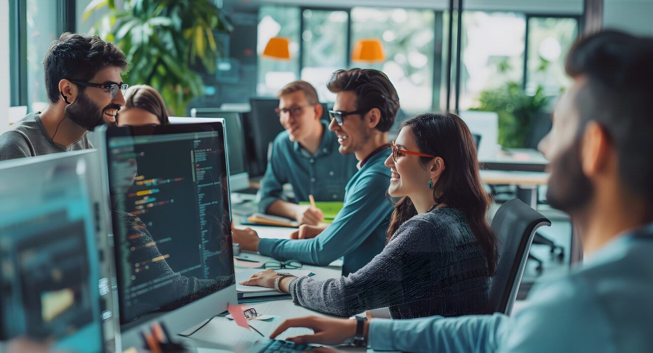 un groupe de jeunes au bureau en train de collaborer