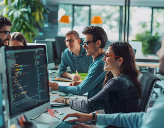 un groupe de jeunes au bureau en train de collaborer